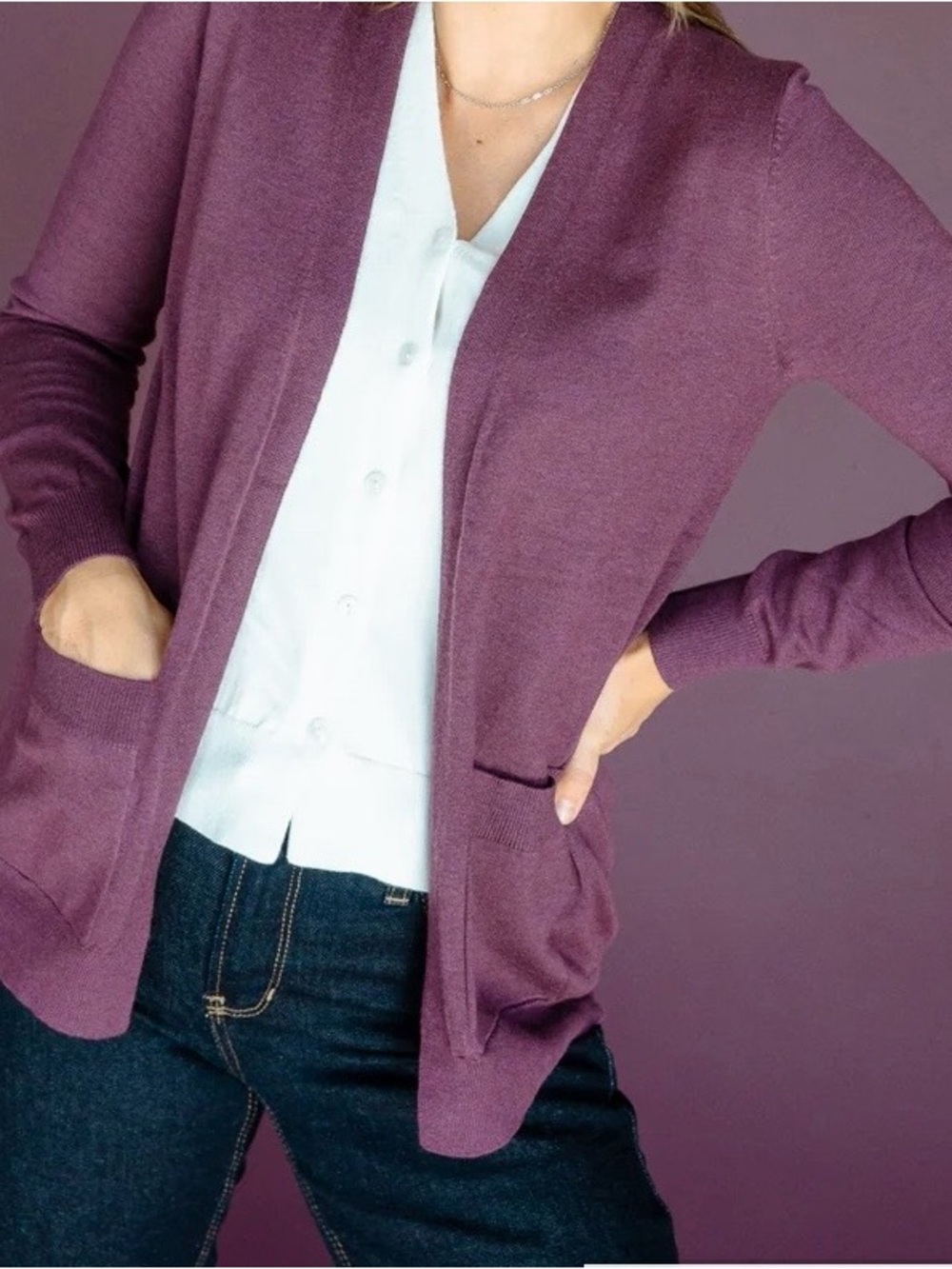 Women’s Open-Front Plum Cardigan with Pockets